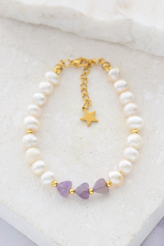 Pulsera perlas y corazones amatista